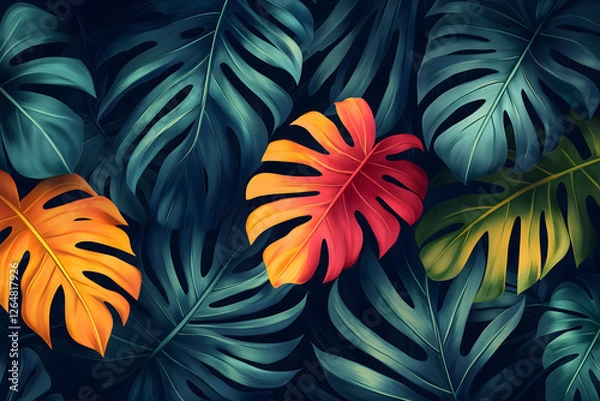 Obraz Abstract seamless pattern with tropical leaves. Vector template.