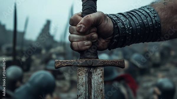 Fototapeta battle worn warrior determined grip on rusted blade embodies strength and resilience amid chaos of war, showing fearlessness and fury