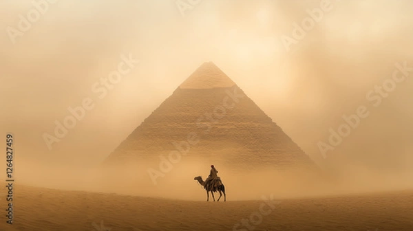Fototapeta lone desert nomad journeys across sands on camel, engulfed in swirling sandstorm, with ancient pyramids looming stoically