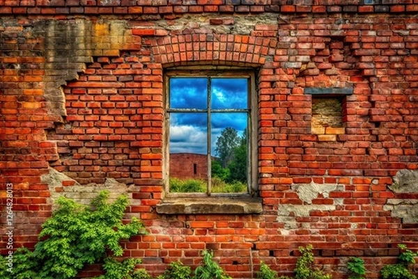 Fototapeta Abandoned Building Red Brick Window Frame  Brick Wall