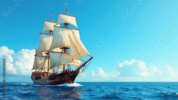 Fototapeta A majestic sailing vessel glides across a cerulean sea under a vibrant sky, its white sails billowing in the gentle breeze, a picturesque scene of nautical adventure