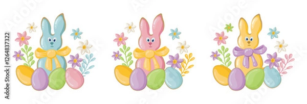 Fototapeta Set of Easter composition with a rabbit, colorful eggs and spring flowers for a postcard. For designing Easter greetings. Vector background for celebration and invitation to a traditional holiday.