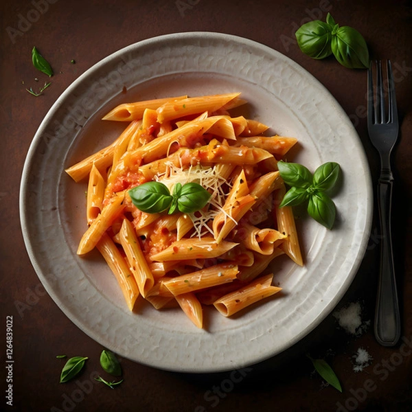 Fototapeta A serving of Penne alla Vodka pasta is isolated on a white or transparent background, showcasing the rich, creamy pink tomato sauce coating the penne. The dish is garnished with a touch of grated.