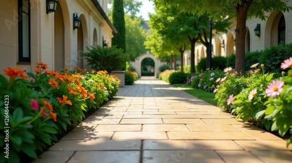 Fototapeta Serene Pathway Through a Sunlit Garden with Vibrant Blooms and Elegant Architecture