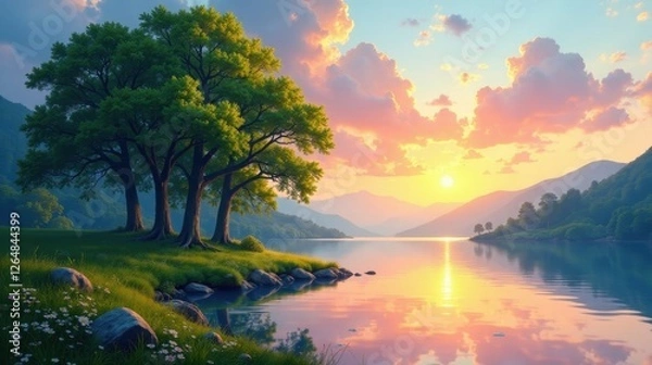 Obraz Serene Sunset Landscape Majestic trees stand guard by a tranquil lake, reflecting the vibrant hues of a breathtaking sunset, creating a picturesque and peaceful scene.
