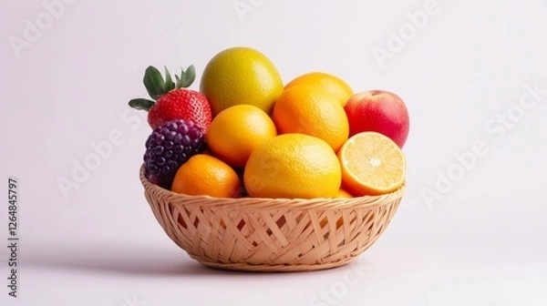 Fototapeta Assorted fresh fruits in a woven basket with vibrant citrus berries and apples. Generative AI