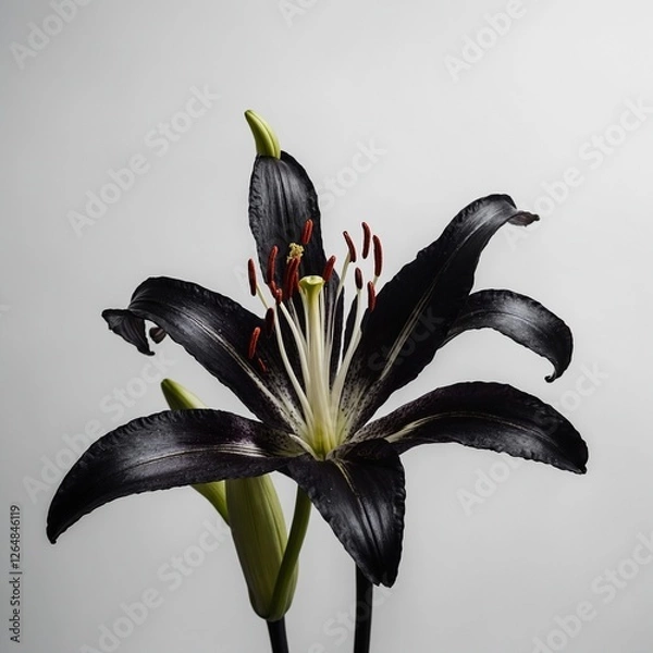 Obraz A glowing onyx lily with deep black hues and silver veins, standing against a pure white background.