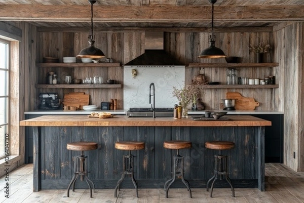 Fototapeta Rustic kitchen design featuring wooden elements and modern appliances in a cozy setting