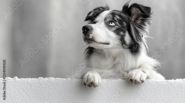 Fototapeta Border Collie dog looking up with curiosity against a soft background. Generative AI