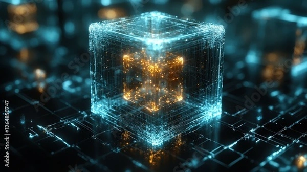 Obraz Abstract Digital Cube with Glowing Elements and Futuristic Design