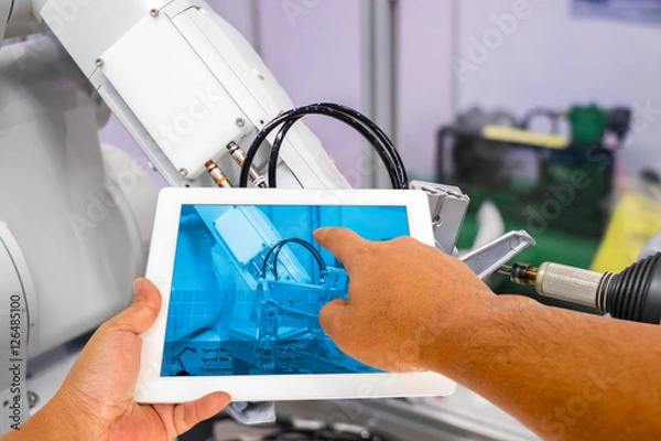 Obraz Industry 4.0 and Augmented reality for industry concept. Hand holding tablet with A/R system control application on automate robot arm in smart manufacturing background.