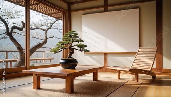 Obraz Serene Japanese Zen Interior with Bonsai and Minimalist Decor minimalist white canvas on the wall adds to the simplicity and elegance of this Zen-inspired living space
