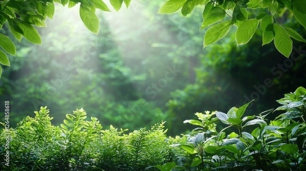 Fototapeta Dense forest with abundant green foliage and sunlight filtering through trees