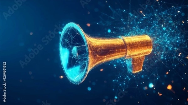 Fototapeta Digital Megaphone Communication Concept with Connected Network in Blue and Gold Tone Imagery