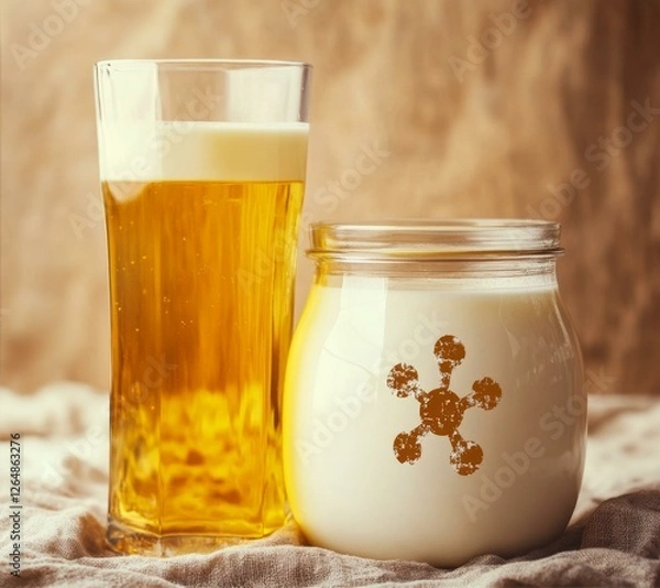 Fototapeta Refreshing Beverage Combination Glass of Lager and Creamy Dairy Delight in Jar with Molecule