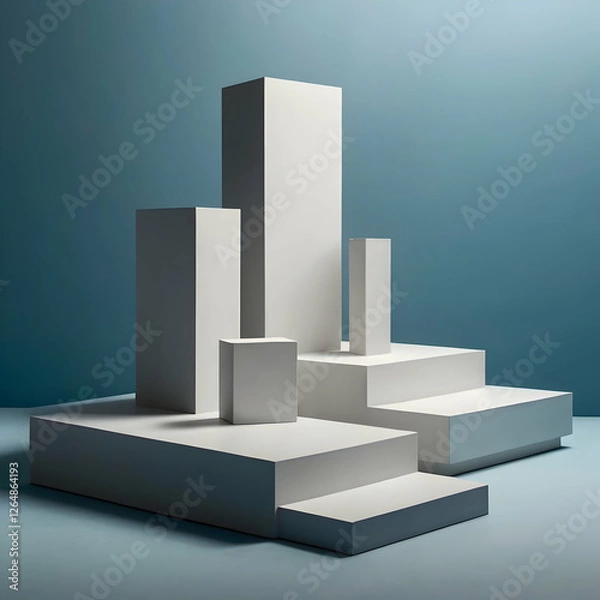 Fototapeta  white square podiums -Abstract White Geometric Cityscape on Blue Gradient Background – Minimal Architecture Concept