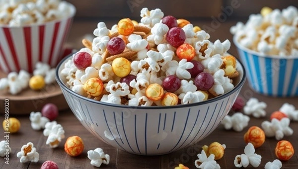 Fototapeta Colorful popcorn mix in striped bowls with scattered pieces on wooden table background, ideal for snacks and events, Copy Space