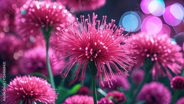 Obraz Pink fluffy flowers with vibrant bokeh background in a natural setting with Copy Space for text placement