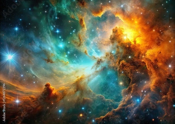 Fototapeta Cosmic Nebula: Orange Teal Gold Low Light AI Art