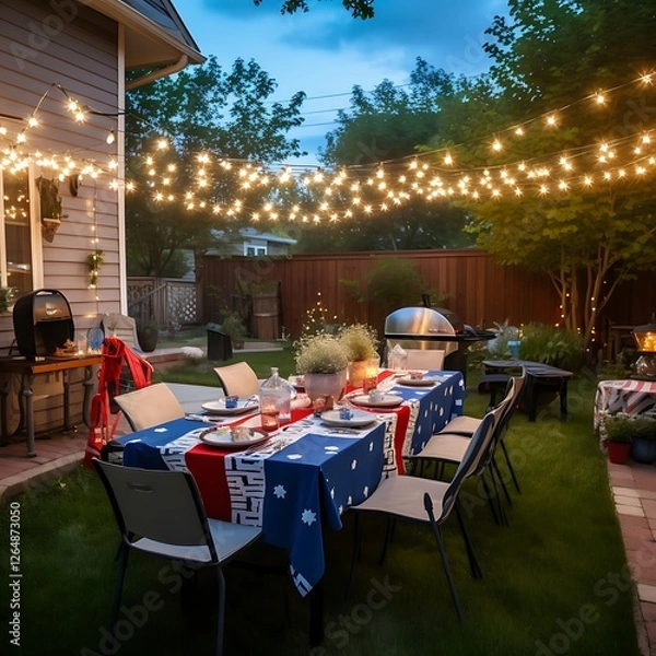 Fototapeta A festive backyard party with string lights, red, white, and blue decorations, and laughter filling the air on US Independence Day.