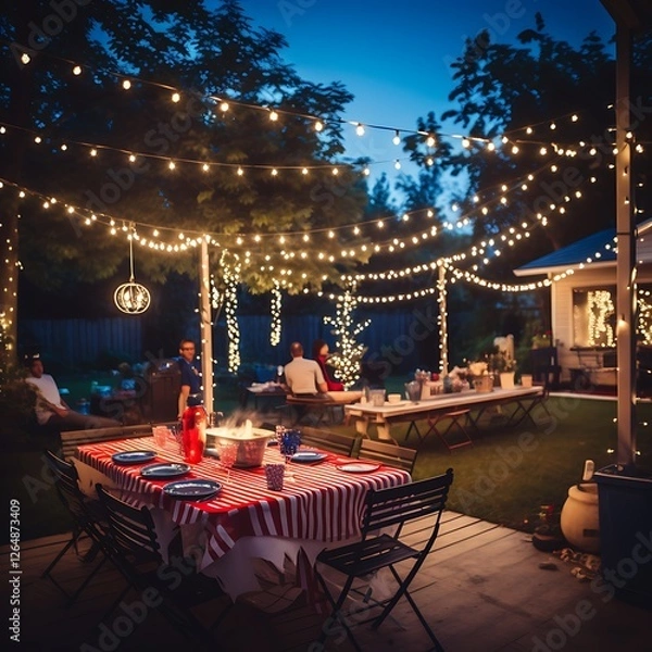 Fototapeta A festive backyard party with string lights, red, white, and blue decorations, and laughter filling the air on US Independence Day.