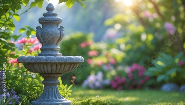Fototapeta Garden fountain surrounded by vibrant flowers and greenery in soft sunlight with blurred background and ample copy space for text