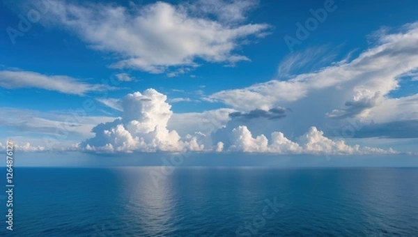 Fototapeta Panoramic view of calm ocean surface under bright blue sky with fluffy white clouds reflecting on water peaceful landscape Copy Space