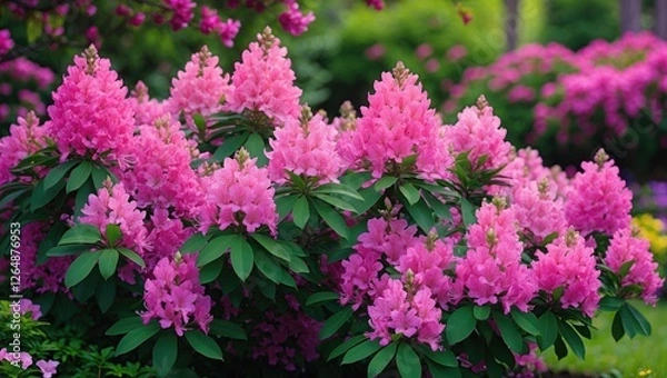Fototapeta Vibrant pink rhododendron flowers in full bloom surrounded by lush green foliage in a garden setting with Copy Space