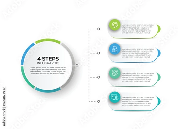 Fototapeta 4 Steps Infographic To the right of the central circle, four numbered steps (1 through 4) are laid out vertically. Each step is contained within a rounded rectangle Simple infographic design template.