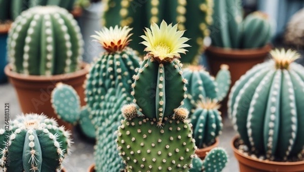Fototapeta Assorted varieties of cacti in pots with blooming flowers and spines displayed in a greenhouse environment Copy Space