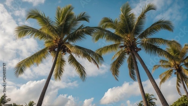 Fototapeta Tropical palm trees against blue sky with clouds, natural landscape, vacation destination, tropical climate, Copy Space