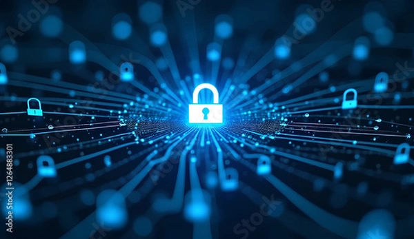 Fototapeta Digital Lock Shield Protecting a Network of Connected Devices with Firewalls, Encryption Keys, and Secure Servers