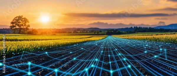 Fototapeta A vibrant sunset over a lush field, with glowing digital lines representing connectivity and technology intersecting the landscape.