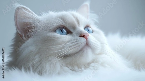 Fototapeta Close-up portrait of a fluffy white cat with blue eyes. Generative AI