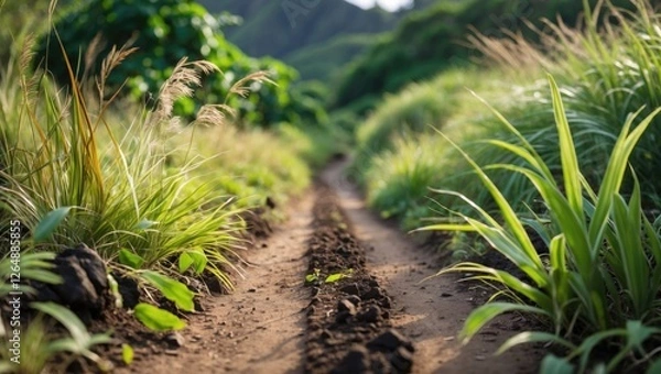 Obraz Lush green path through dense grass and foliage in a natural landscape with soft lighting and blurred background creating depth
