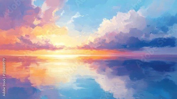 Obraz Abstract seascape blur, gentle sunset colors, smooth ocean reflection, pastel cloud formations, serene horizon blend, tranquil water surface, impressionist style
