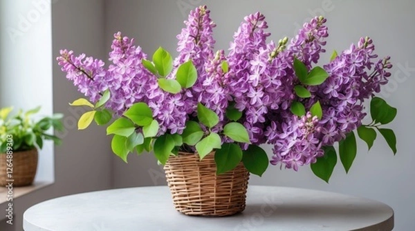 Obraz Lilac flowers in wicker basket with green leaves on round table with natural light from window Copy Space