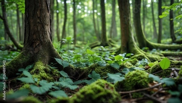 Fototapeta Forest floor with moss and green foliage surrounding tree roots in a lush woodland setting, natural light filtering through trees, Copy Space