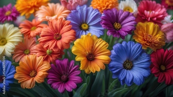 Obraz Colorful bouquet of various flowers in full bloom displaying vivid colors with green foliage background ideal for floral designs and patterns Copy Space