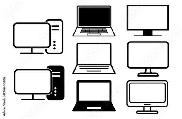 Fototapeta ノートPCとデスクトップPCの線画アイコン