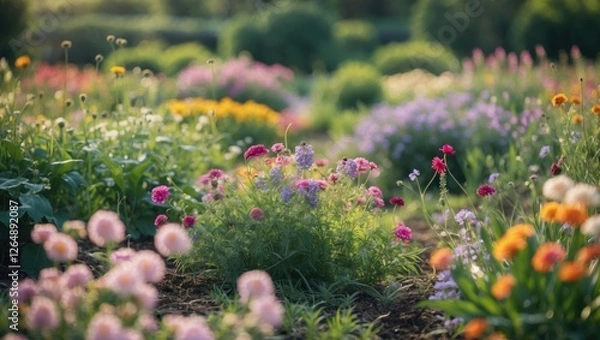 Fototapeta Colorful flower field with diverse blooms in soft focus creating a vibrant garden landscape during golden hour light Copy Space