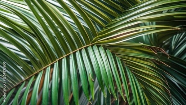 Fototapeta Green palm leaves with distinct textures and patterns in a close-up composition showcasing natural detail and Copy Space.