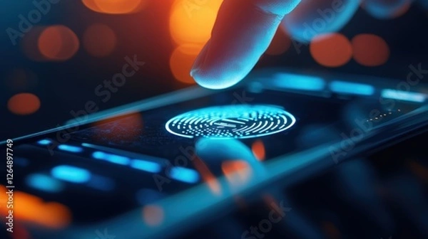 Fototapeta A closeup shot features a biometric payment icon displayed prominently on a smartphones screen with a finger in motion above the touchscreen indicating an active scanning process. The