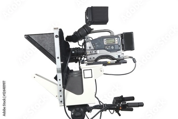 Obraz Professional video camera with teleprompter,  isolated on white