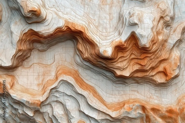 Obraz topographic elevation map with intricate contour lines in earth tones, featuring detailed terrain patterns and grid overlay