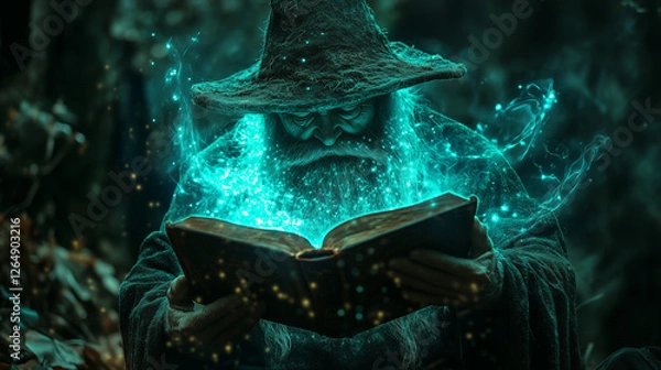 Fototapeta Mystical gnome wizard reading a magic book surrounded by enchanting blue sparks