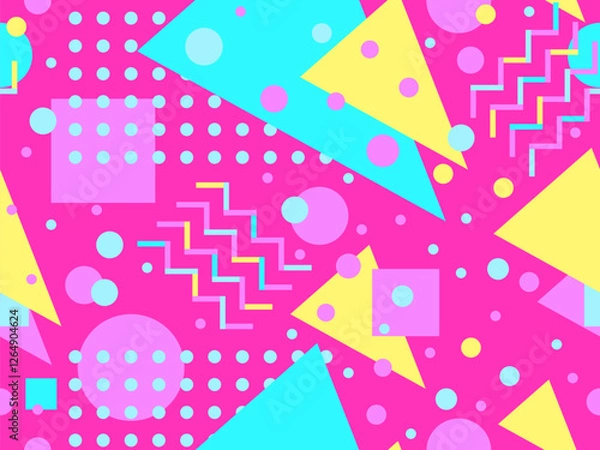 Fototapeta Geometric seamless pattern with memphis elements in 80s style. Colorful geometric pattern. Design of promotional products, wrapping paper and printing. Vector illustration