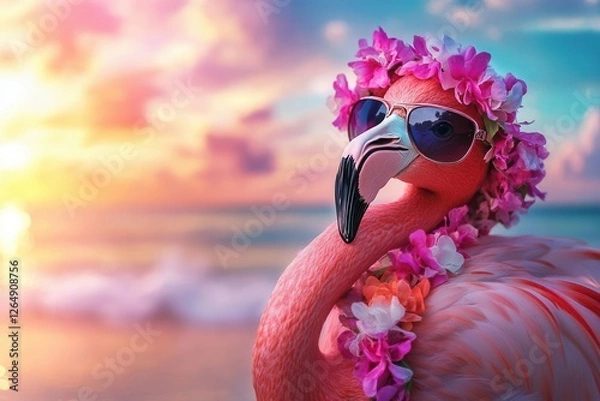 Fototapeta whimsical flamingo portrait wearing sunglasses and lei, lounging on tropical beach with pastel sunset, retro summer vibes
