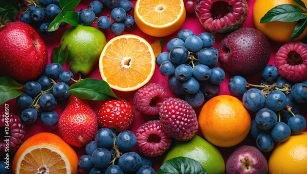 Fototapeta Colorful assortment of fresh fruits including apples, berries, oranges, and grapes on a vibrant background with Copy Space