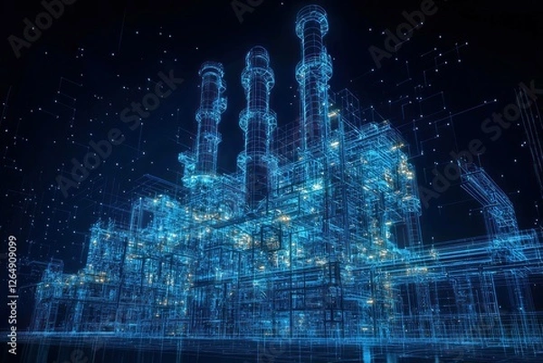 Obraz Futuristic digital blueprint of a power plant with glowing structures and circuitry, showcasing advanced technology and innovation in energy production